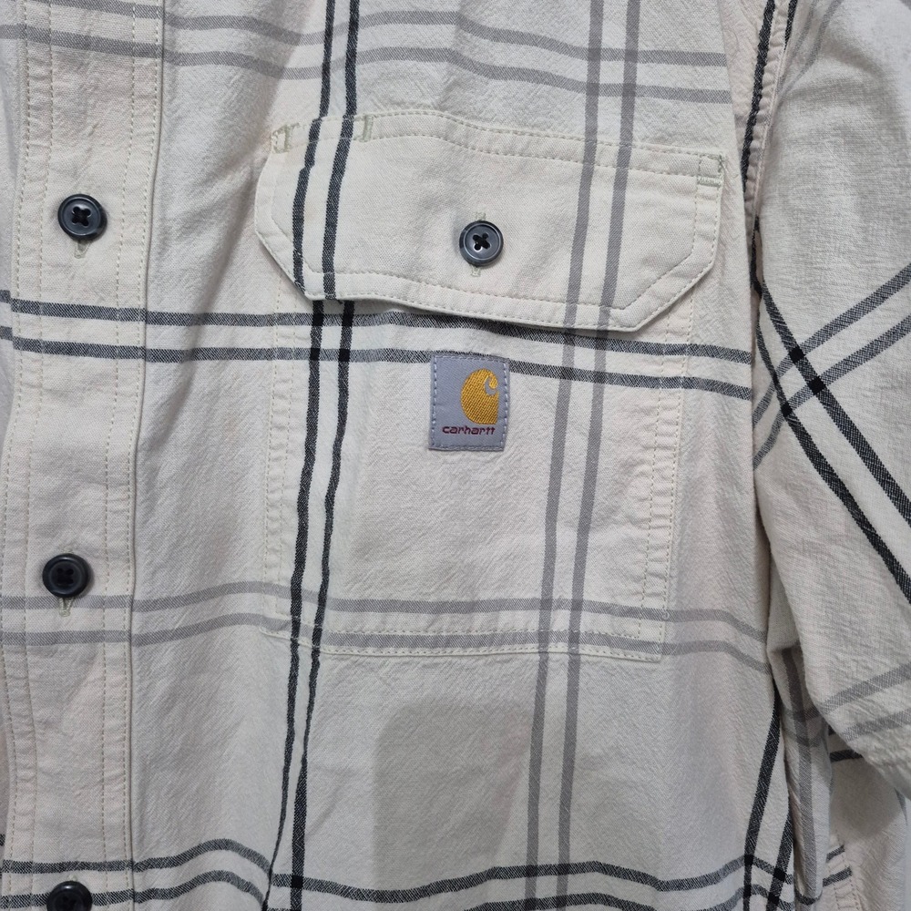 Carhartt Mens 2XL Loose Fit Short Sleeve Plaid Button Down Shirt Cream Grey - Picture 5 of 5